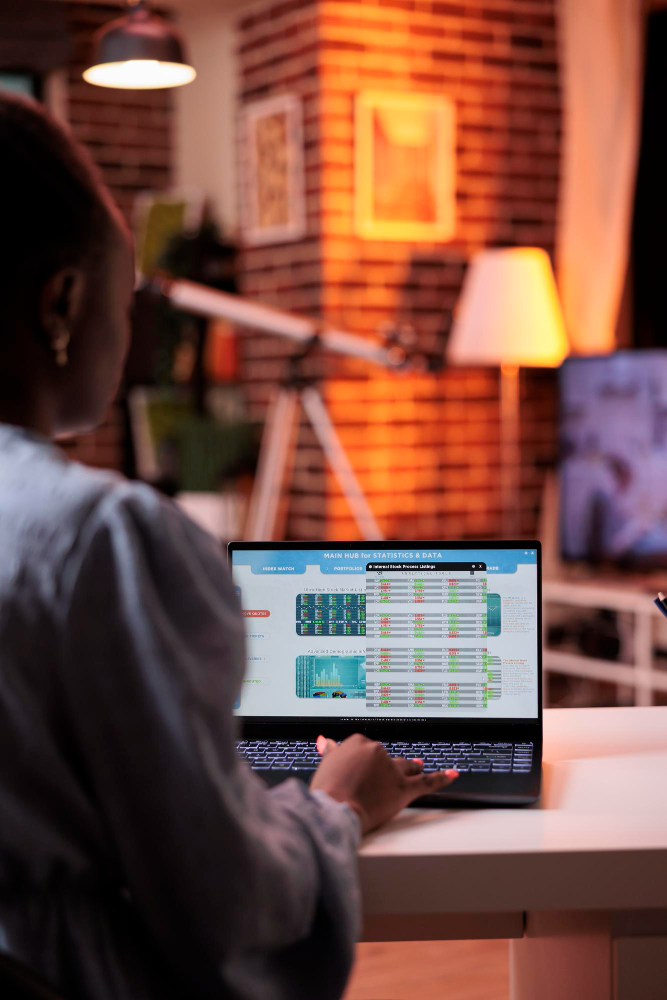 Консультант работает с данными на ноутбуке